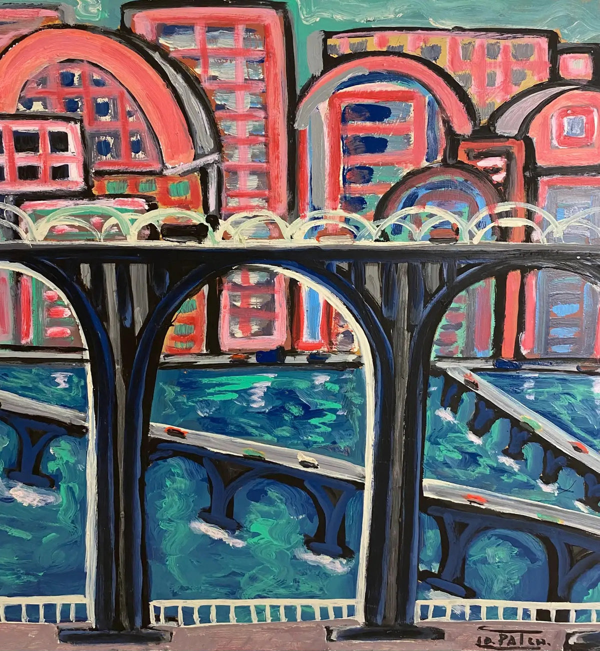 Jo Patch Oil Painting Titled "Trois Ponts et Ville Rouge" — detail 2