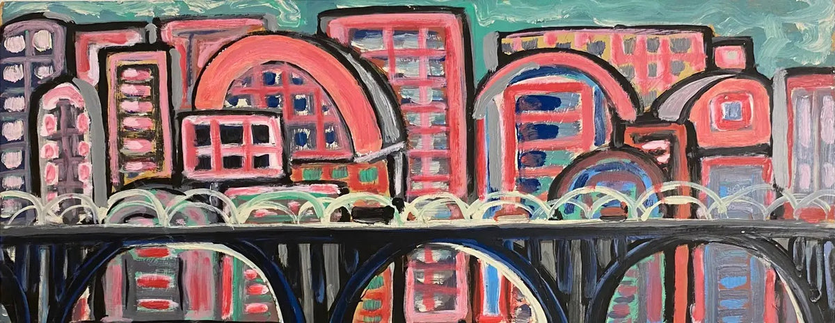 Jo Patch Oil Painting Titled "Trois Ponts et Ville Rouge" — detail 6