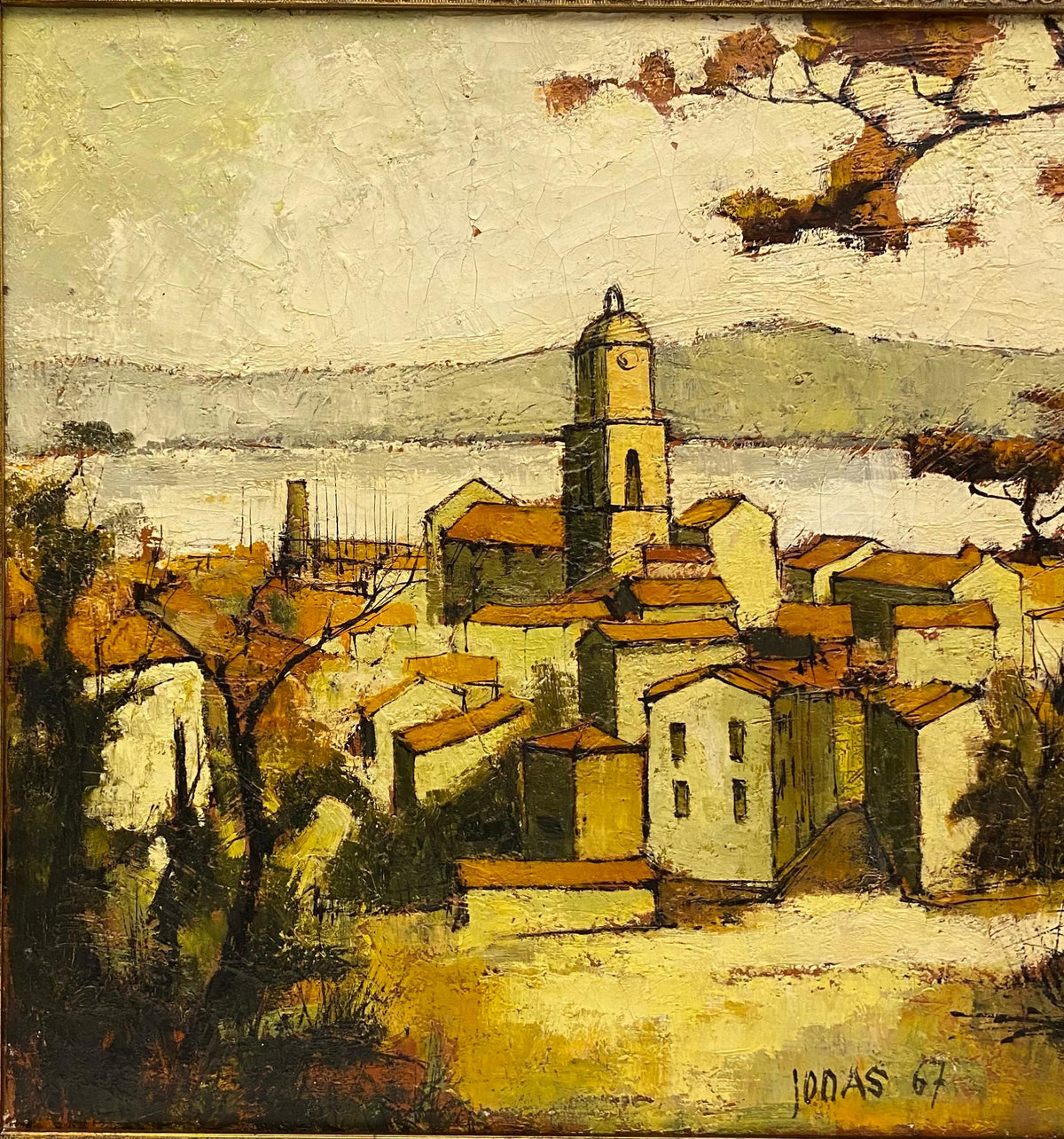Autumn Scene of a French Seaside Village Oil Painting in Gilt Wood Frame, Signed — detail 2