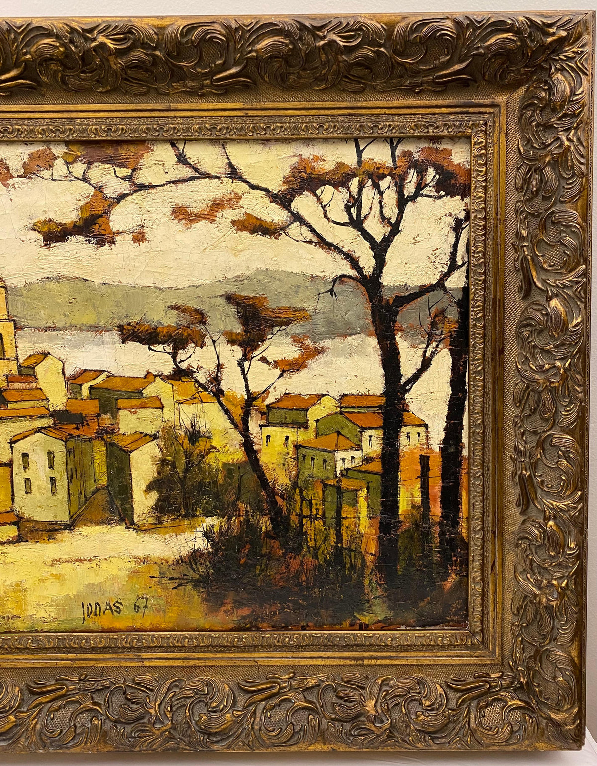 Autumn Scene of a French Seaside Village Oil Painting in Gilt Wood Frame, Signed — detail 3