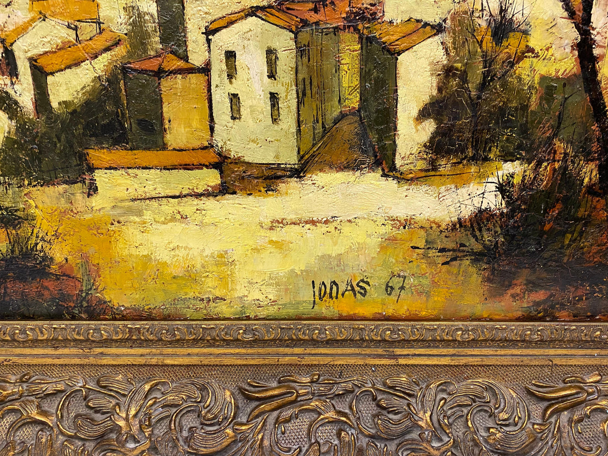 Autumn Scene of a French Seaside Village Oil Painting in Gilt Wood Frame, Signed — detail 4