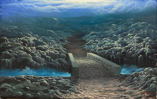 Contemporary Oil on Canvas Painting, Signed Lanci in the Manner of Rene Magritte — detail 2