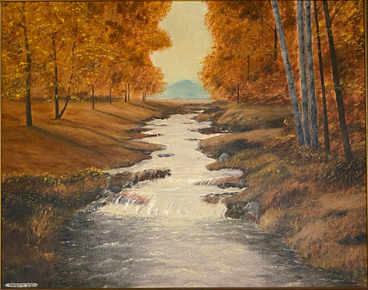 Autumn River Landscape Oil Painting by A. Klosner, Framed Mid-Century Impression — detail 2