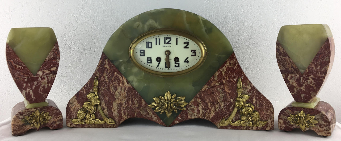French Art Deco Mantel Clock Marble and Onyx Set by Lemoine Bonnet & Pottier — detail 6