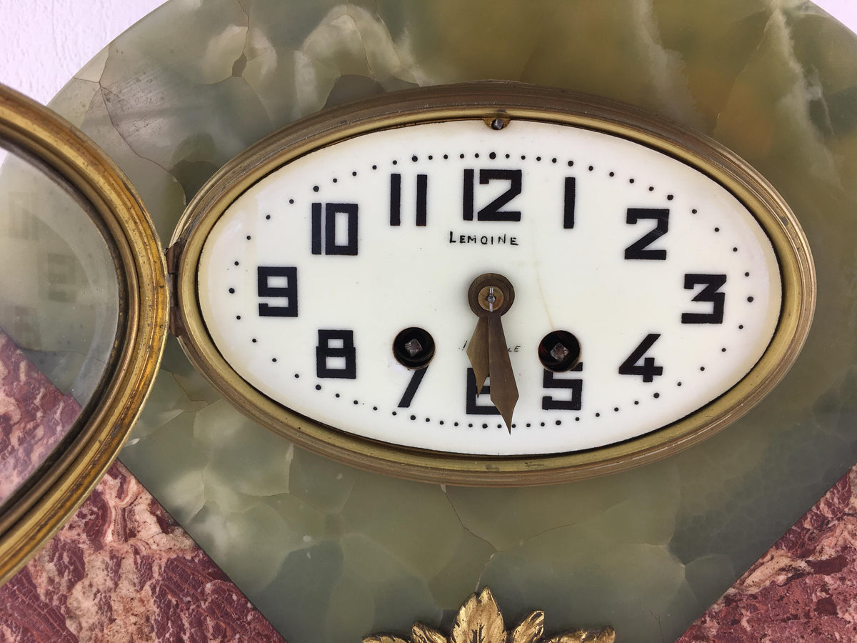 French Art Deco Mantel Clock Marble and Onyx Set by Lemoine Bonnet & Pottier — detail 2