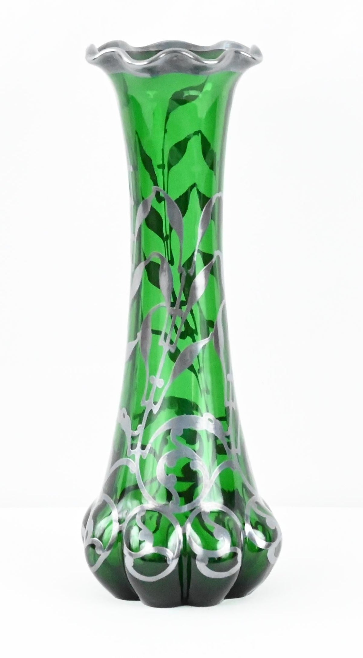 Loetz Green Glass Vase with Alvin Sterling Silver Overlay — detail 12