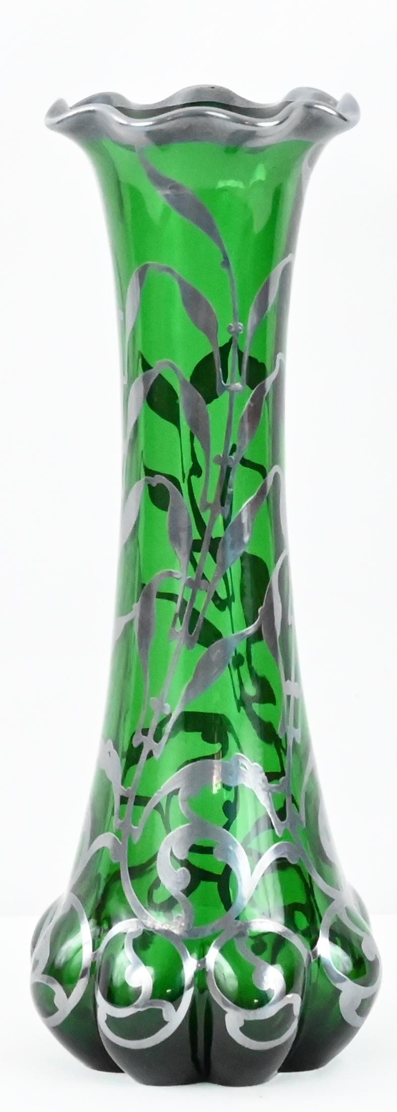 Loetz Green Glass Vase with Alvin Sterling Silver Overlay — detail 3