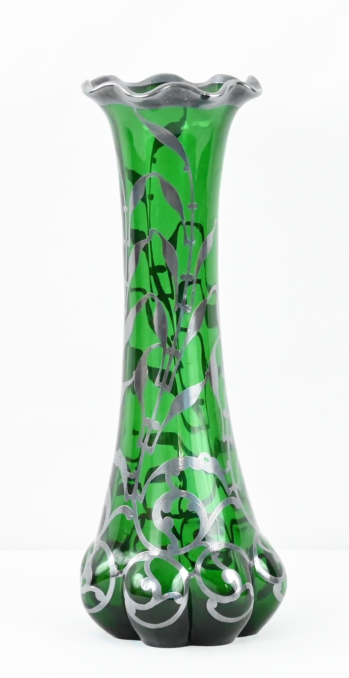 Loetz Green Glass Vase with Alvin Sterling Silver Overlay — detail 6