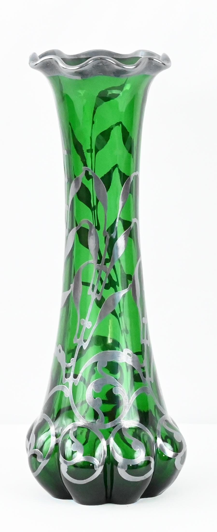Loetz Green Glass Vase with Alvin Sterling Silver Overlay — detail 7