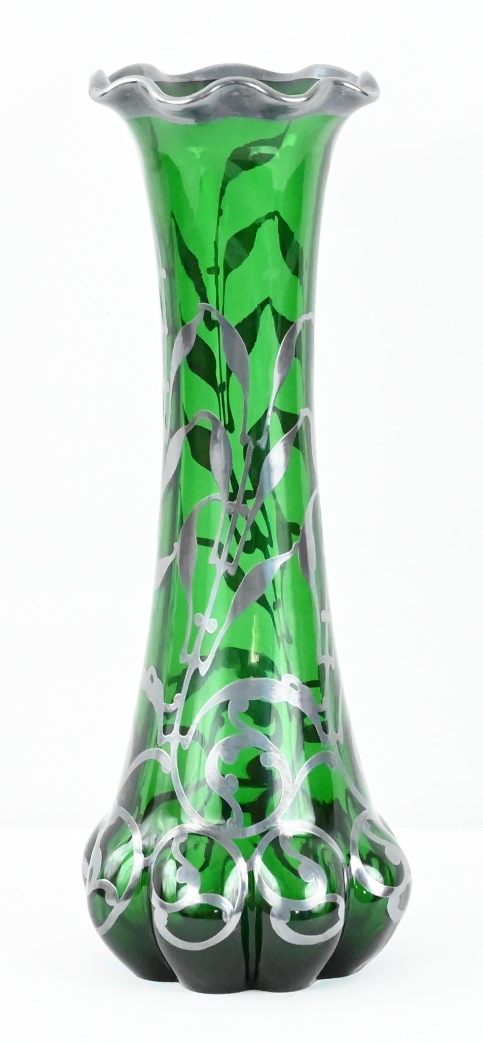 Loetz Green Glass Vase with Alvin Sterling Silver Overlay — detail 8