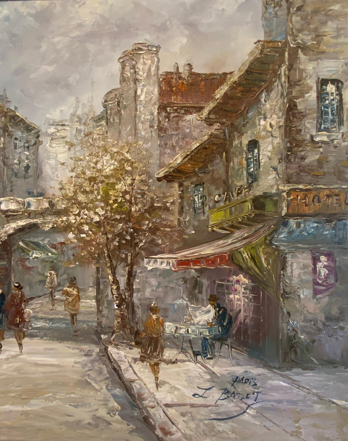 Louis Basset Paris Montmartre Street Scene Oil Painting, Café Terrace, Framed — detail 2