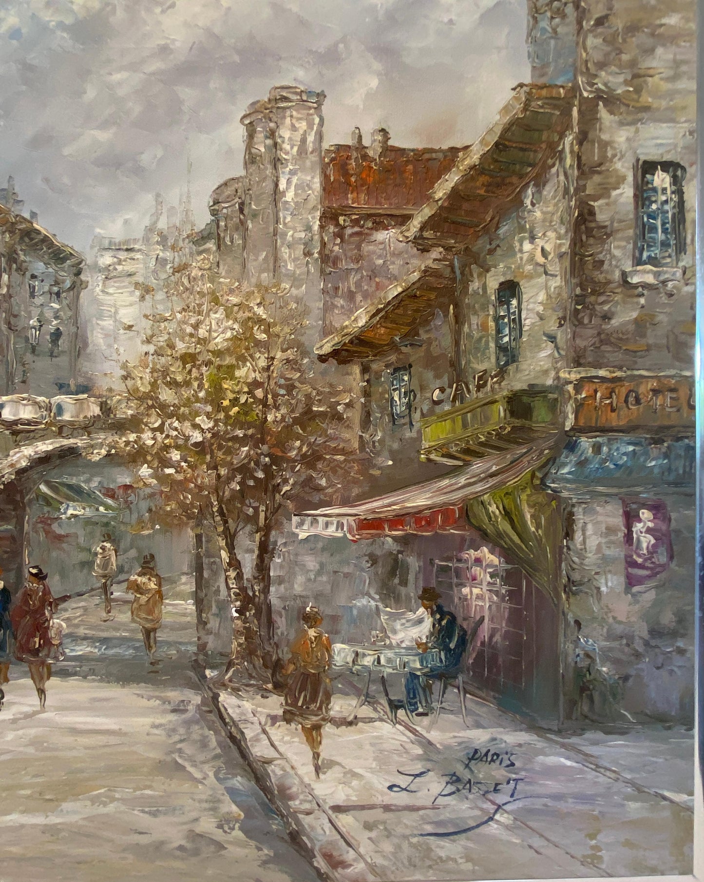 Louis Basset Paris Montmartre Street Scene Oil Painting, Café Terrace, Framed — detail 6