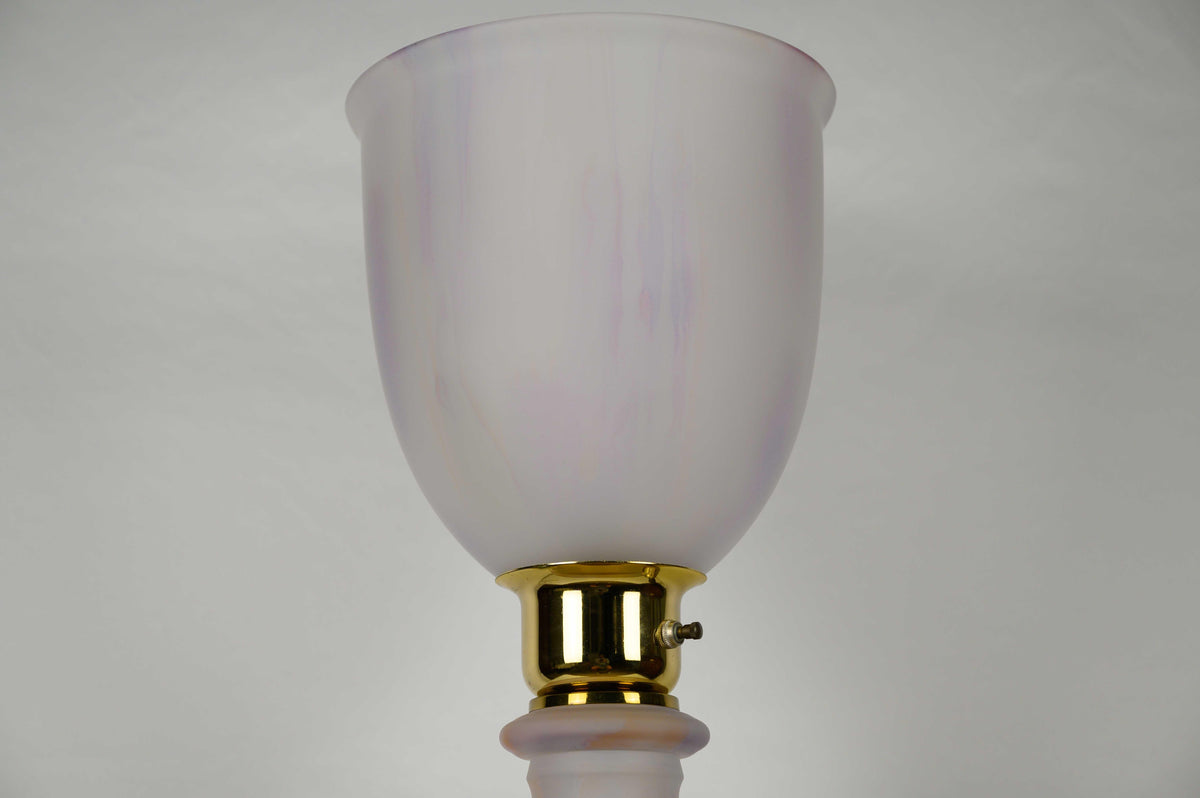 French Art Deco Table Lamp by Mazda Brass and Pale Pink Opaline — detail 3