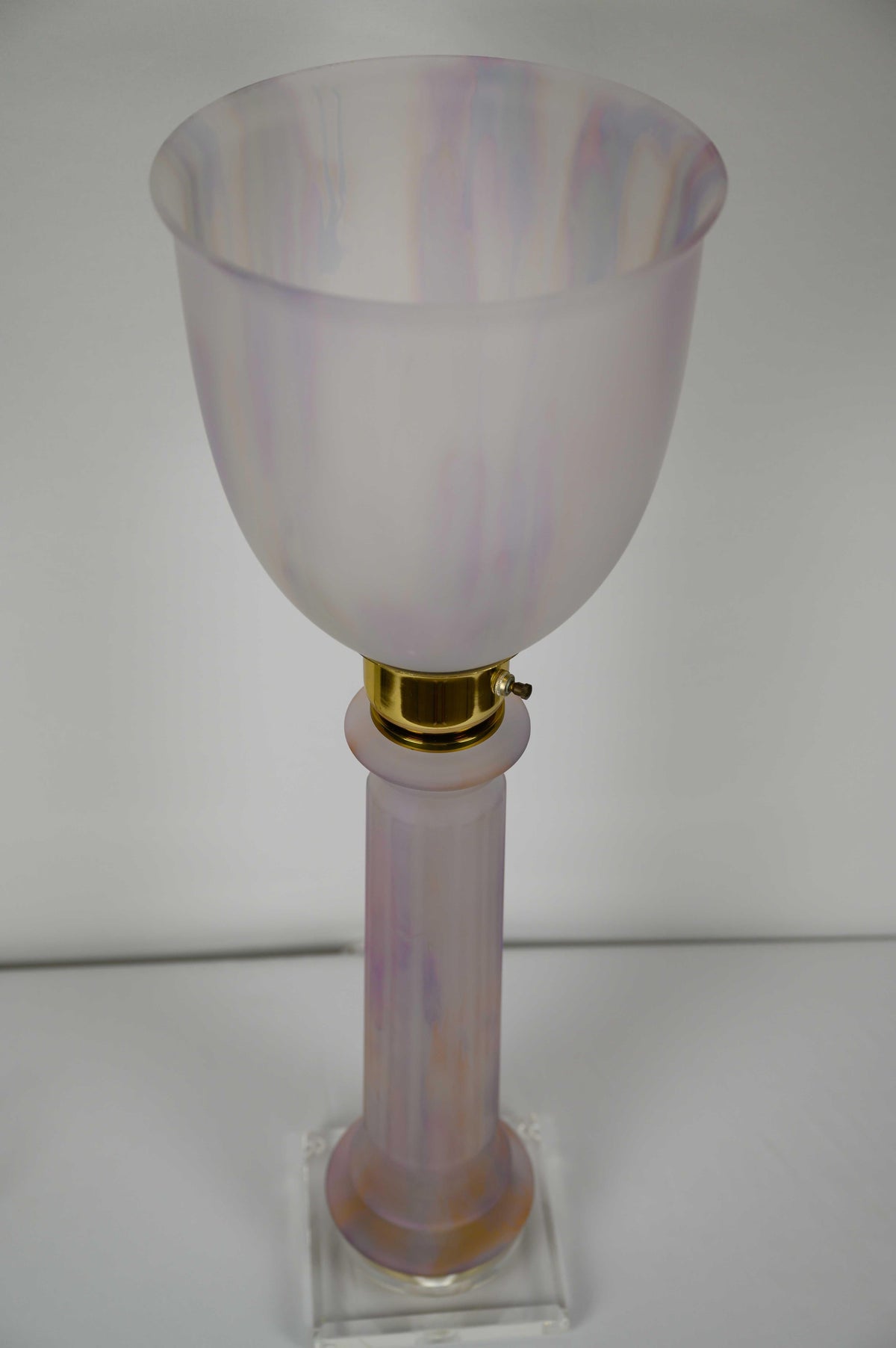 French Art Deco Table Lamp by Mazda Brass and Pale Pink Opaline — detail 4