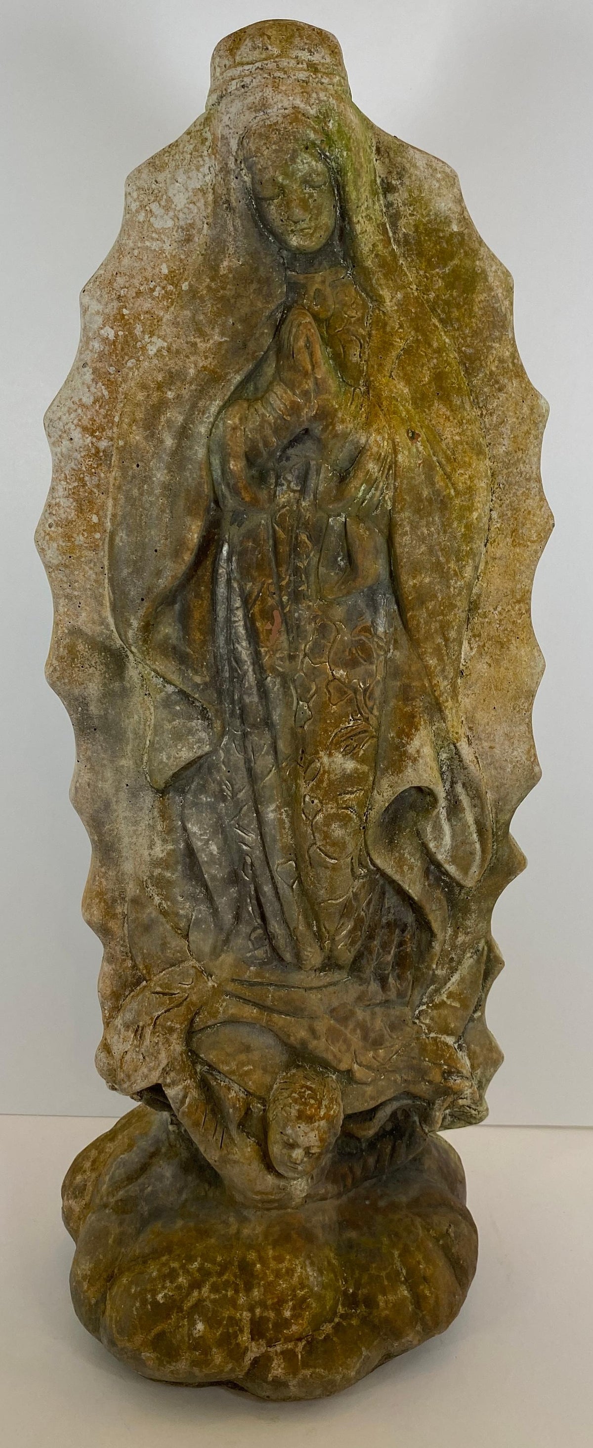 French Madonna & Child Cast Stone Garden Sculpture, Devotional Figure w/Serpent — detail 2