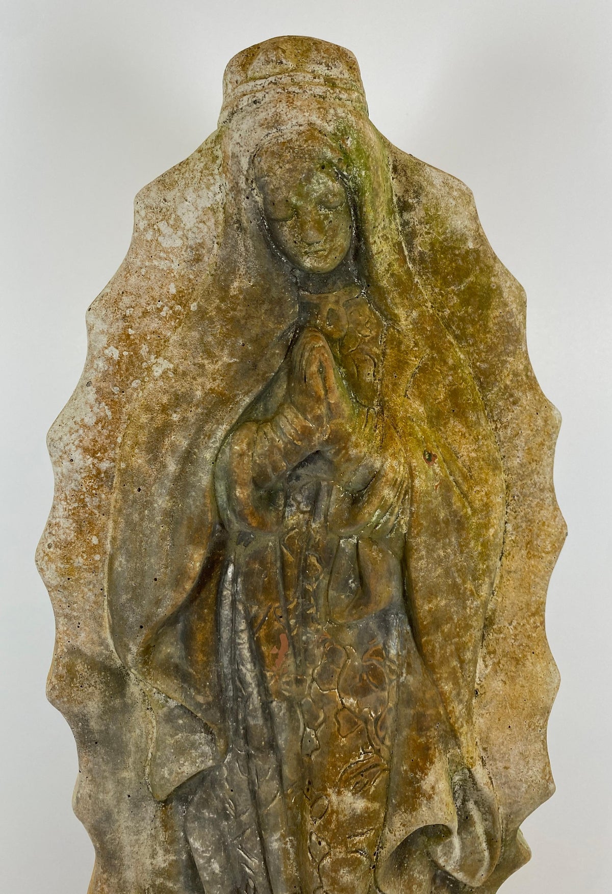 French Madonna & Child Cast Stone Garden Sculpture, Devotional Figure w/Serpent — detail 4
