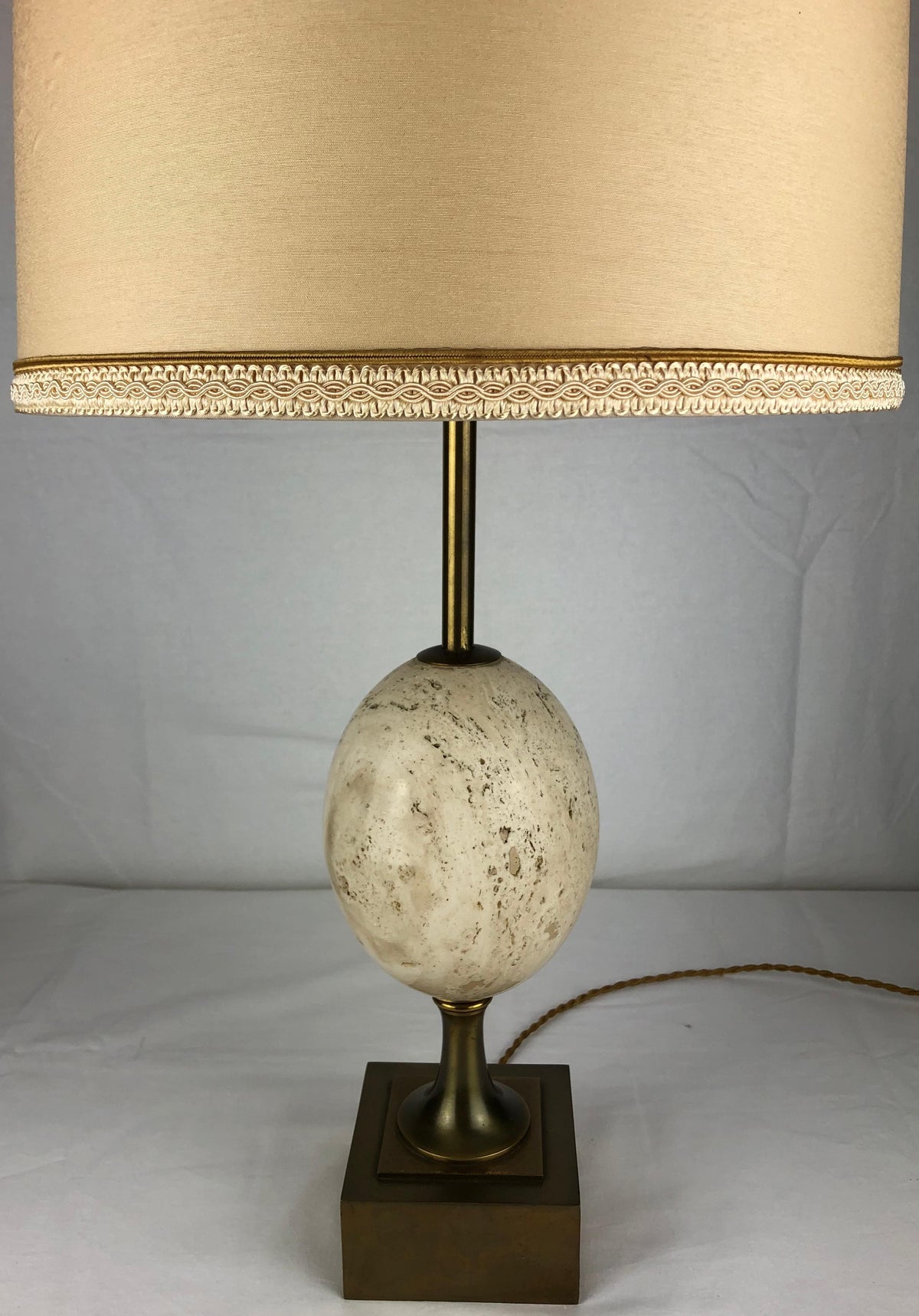Maison Charles Travertine Table Lamp with Brass Mounts, Signed — detail 5