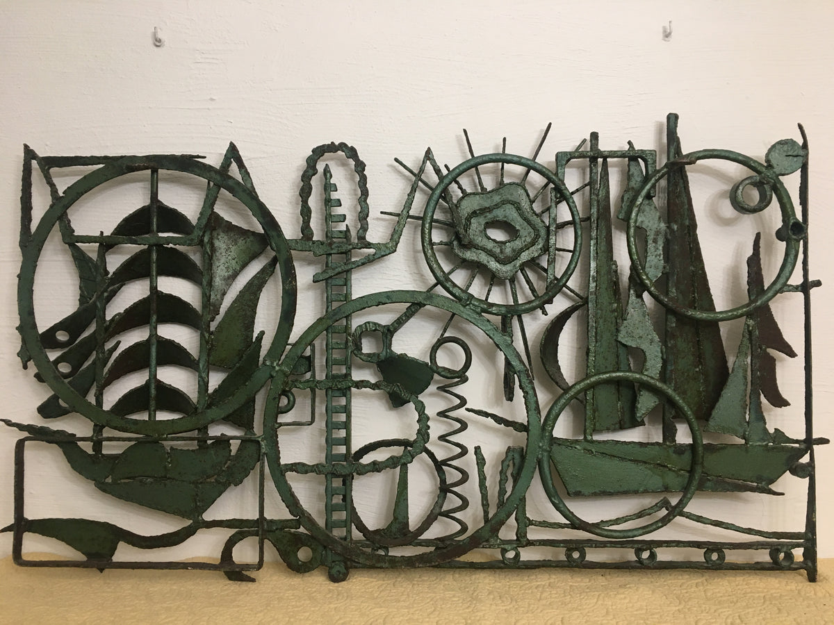 Seascape Themed Iron Sculpture Signed A. Melia, Architectural Wall Art