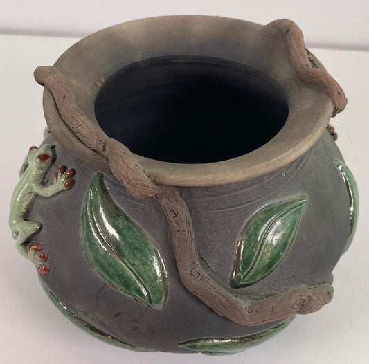 Signed Studio Pottery Vessel with Frog & Leaf Relief, Organic Ceramic Art Vase — detail 2