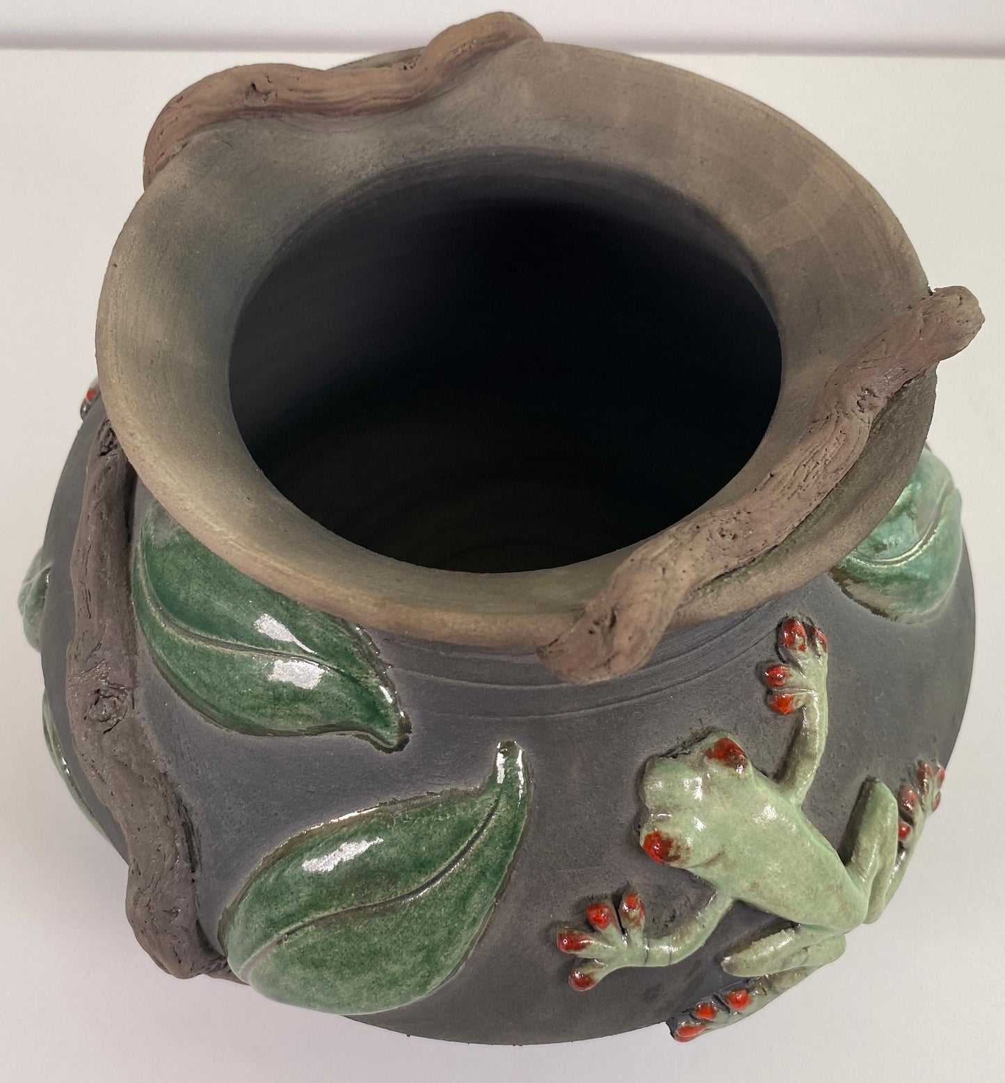 Signed Studio Pottery Vessel with Frog & Leaf Relief, Organic Ceramic Art Vase — detail 4