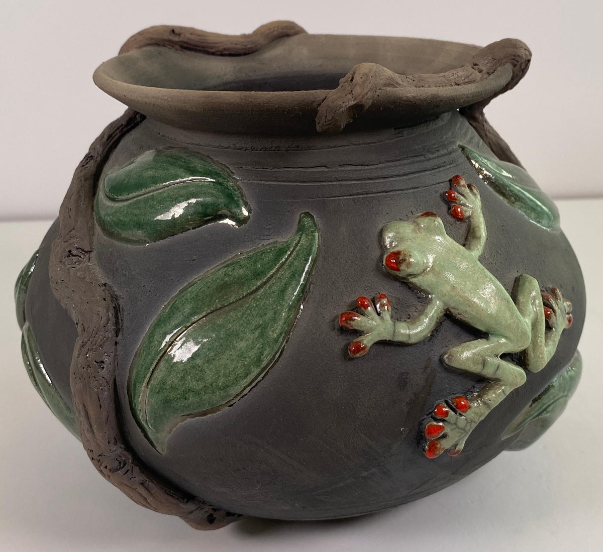 Signed Studio Pottery Vessel with Frog & Leaf Relief, Organic Ceramic Art Vase — detail 3