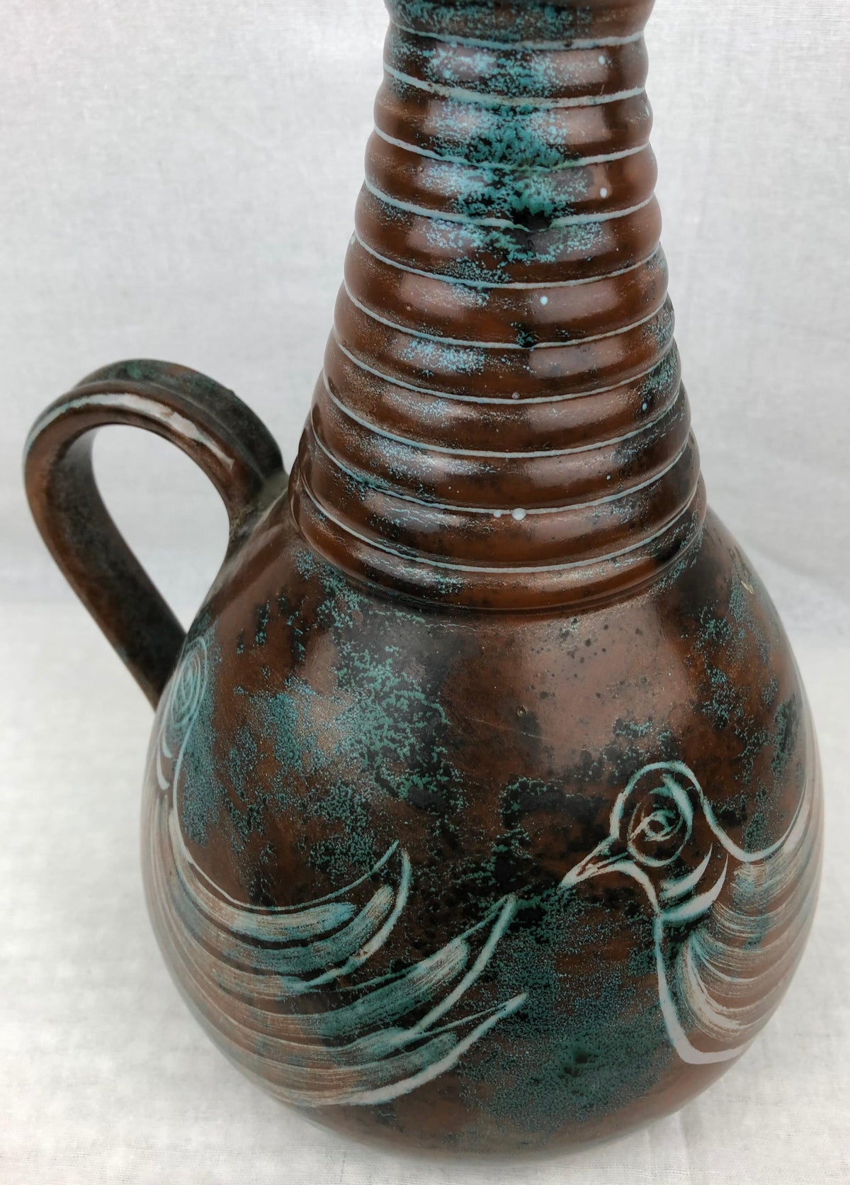 French Midcentury Glazed Ceramic Ewer-Form Vase, Signed Montgolfier — detail 6