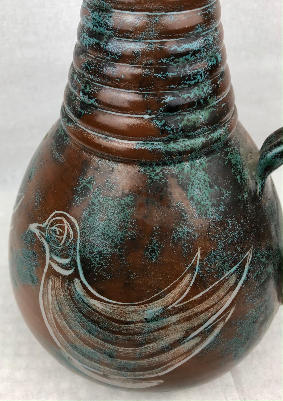French Midcentury Glazed Ceramic Ewer-Form Vase, Signed Montgolfier — detail 3