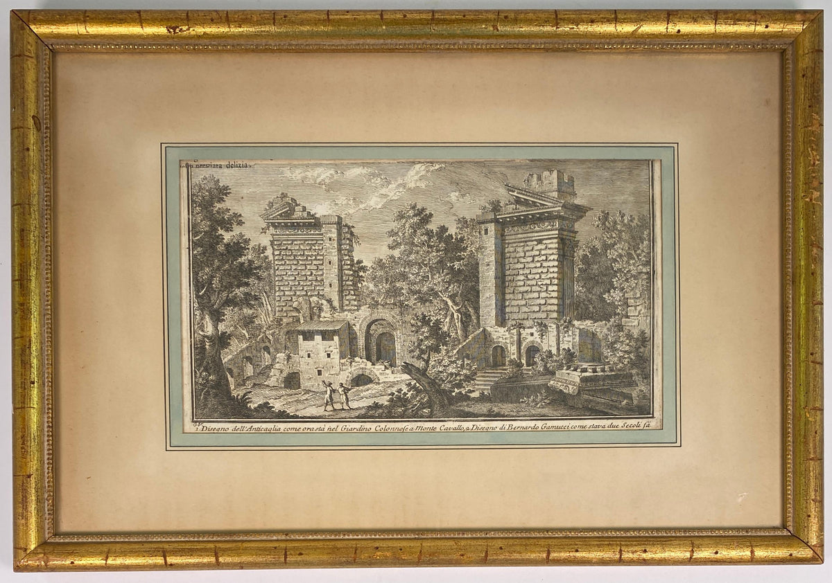 18th Century Italian Architectural Capriccio Engraving of Monte Cavallo Ruins — detail 2