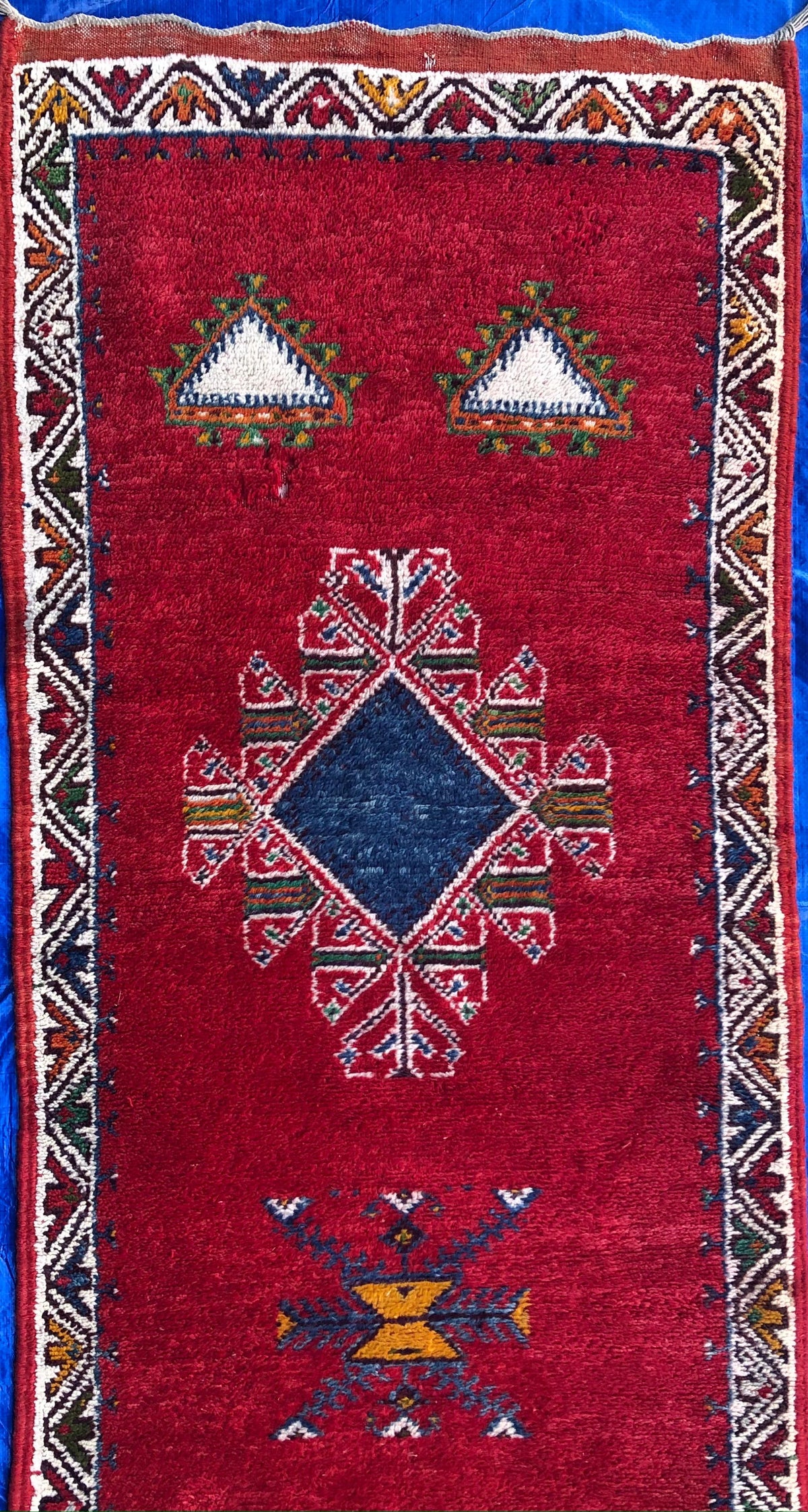 Vintage Moroccan Tribal Rug or Runner Vibrant Red and Accentuating Blue & White — detail 5