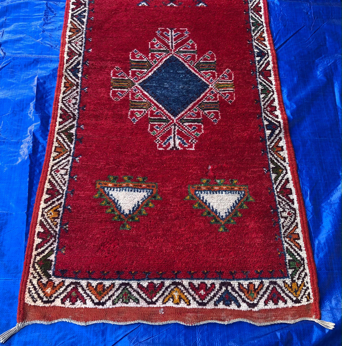 Vintage Moroccan Tribal Rug or Runner Vibrant Red and Accentuating Blue & White — detail 3