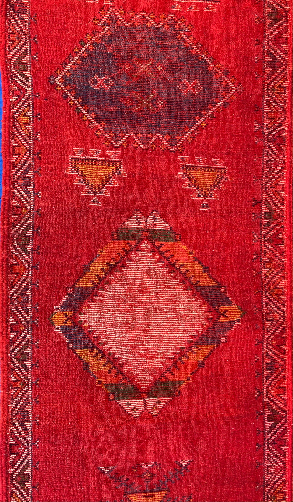 Vintage Moroccan Tribal Rug or Runner Vibrant Red and Accentuating Blue & White — detail 8