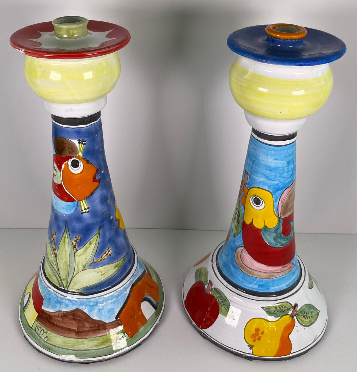 Pair Italian Hand-Painted Ceramic Candlesticks by Nino Parrucca, Whimsical — detail 2