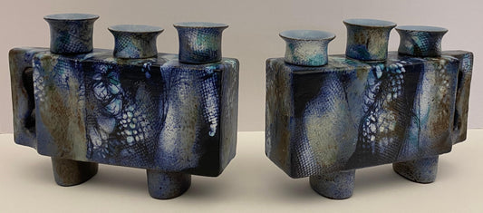 Pair of French Mid Century Modern Ceramic Candle Holders signed ONET — detail 2