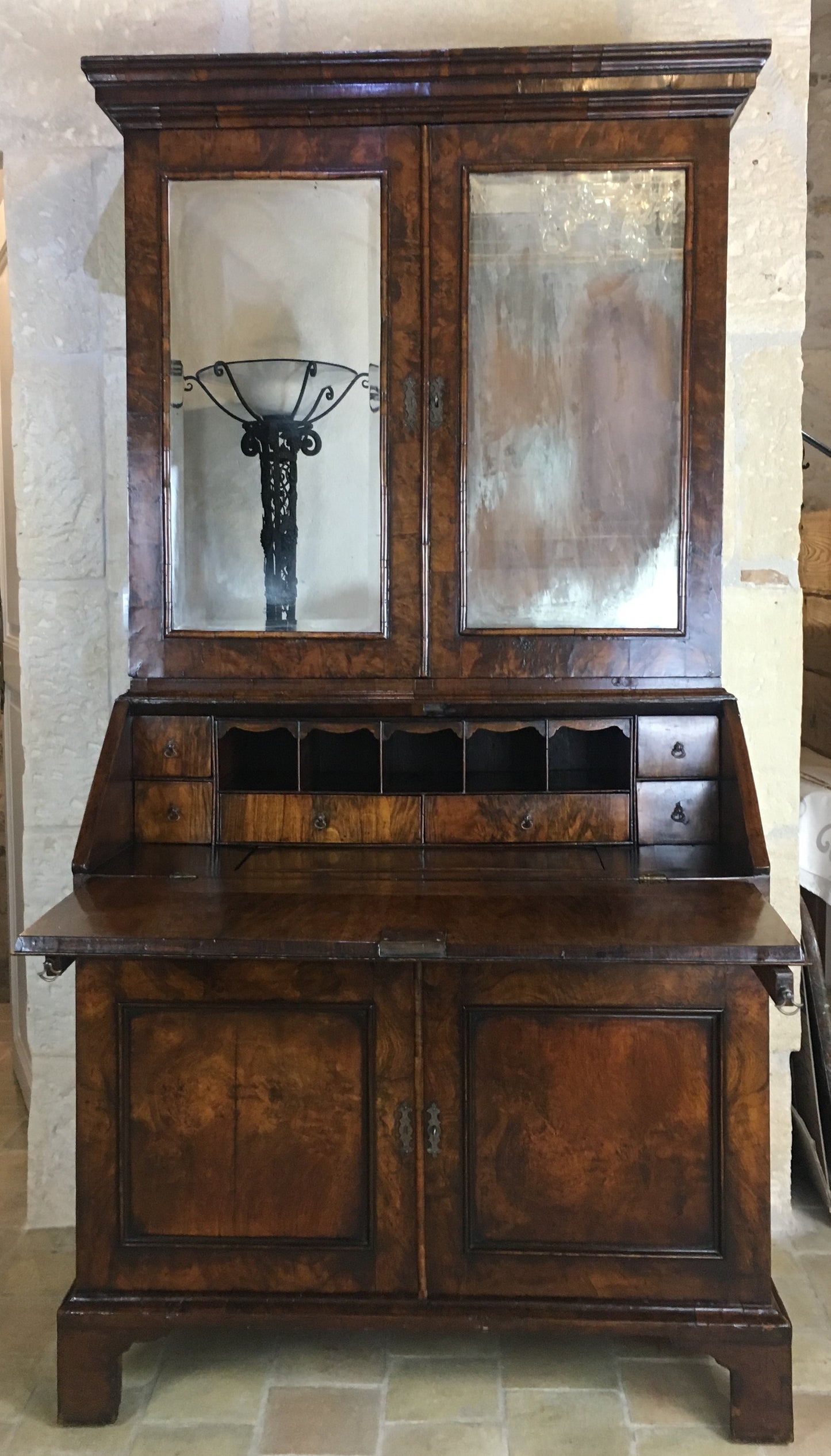 Fine English Queen Anne Walnut Bookcase with Secretary Desk — detail 21