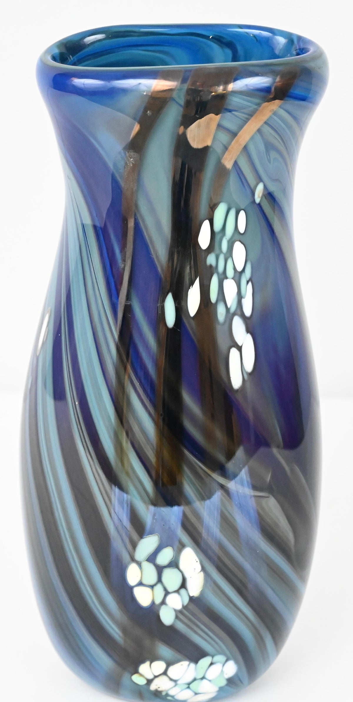 Mid-Century Art Glass Flower Vase Signed Swispot, Blue and White Art Glass Vase — detail 6