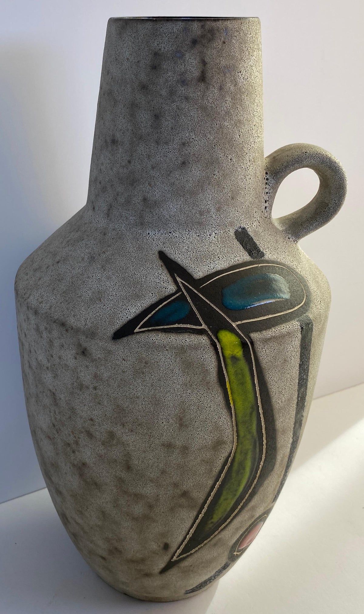 Large Mid-Century Modern West German Ceramic Vase, Abstract with Handle — detail 3