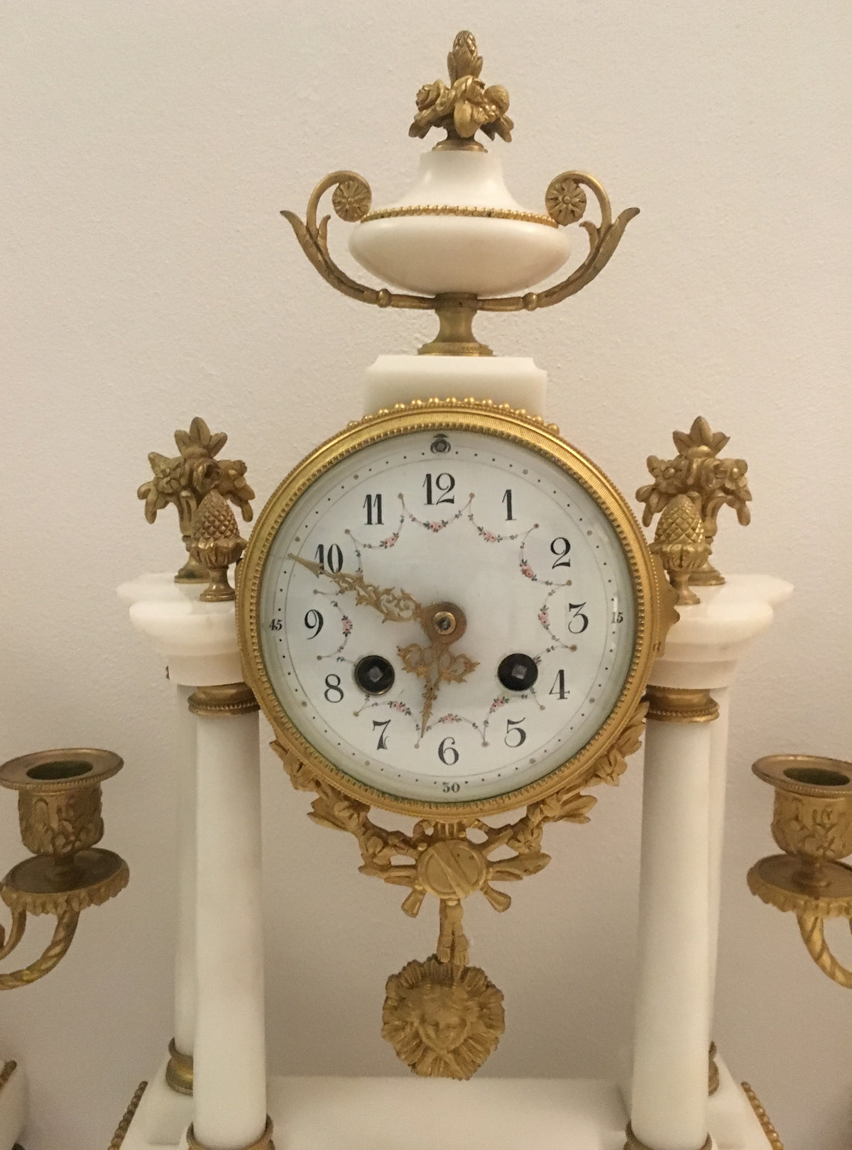19th Century French Louis XVI Style Ormolu and White Marble Boudoir Clock Set — detail 4