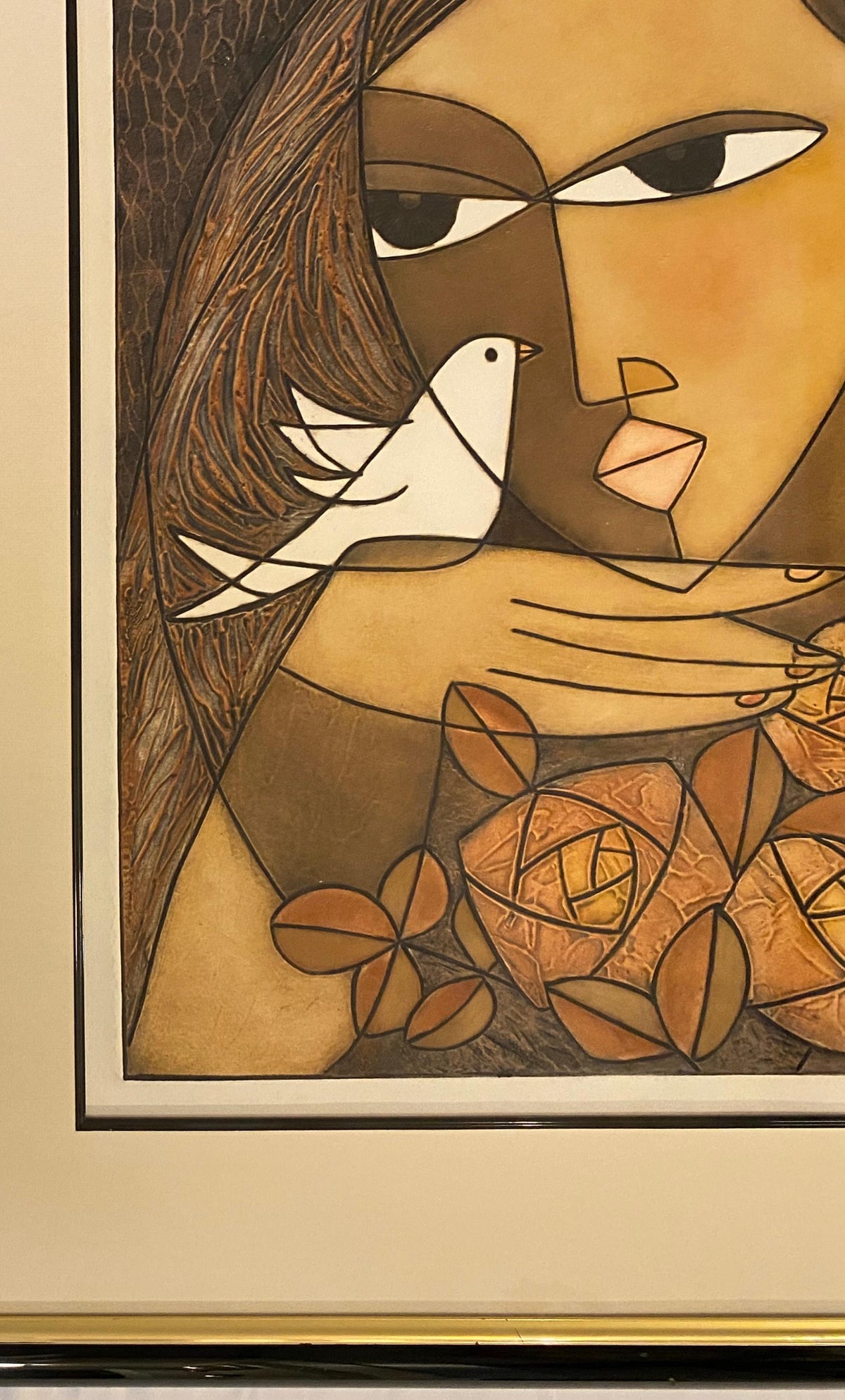 Framed Original Print Woman holding a Dove, Pencil Signed by the Artist Houng — detail 8