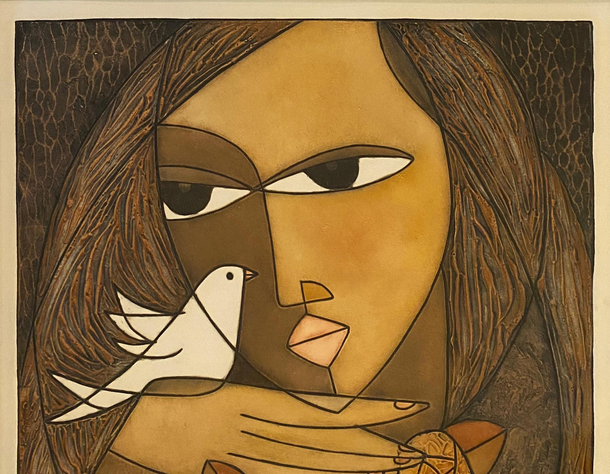 Framed Original Print Woman holding a Dove, Pencil Signed by the Artist Houng — detail 10