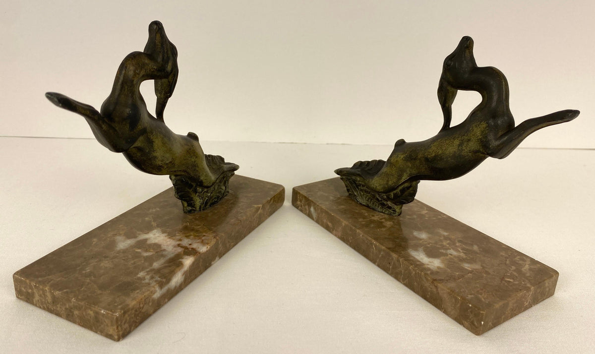 Pair of French Art Deco Bookends on Marble Bases, Leaping Antelopes — detail 3