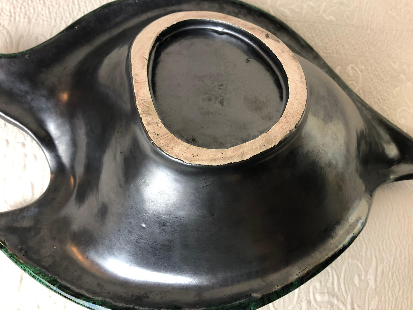 Large French Midcentury Black Matte and Glazed Green Ceramic Bowl Signed — detail 7