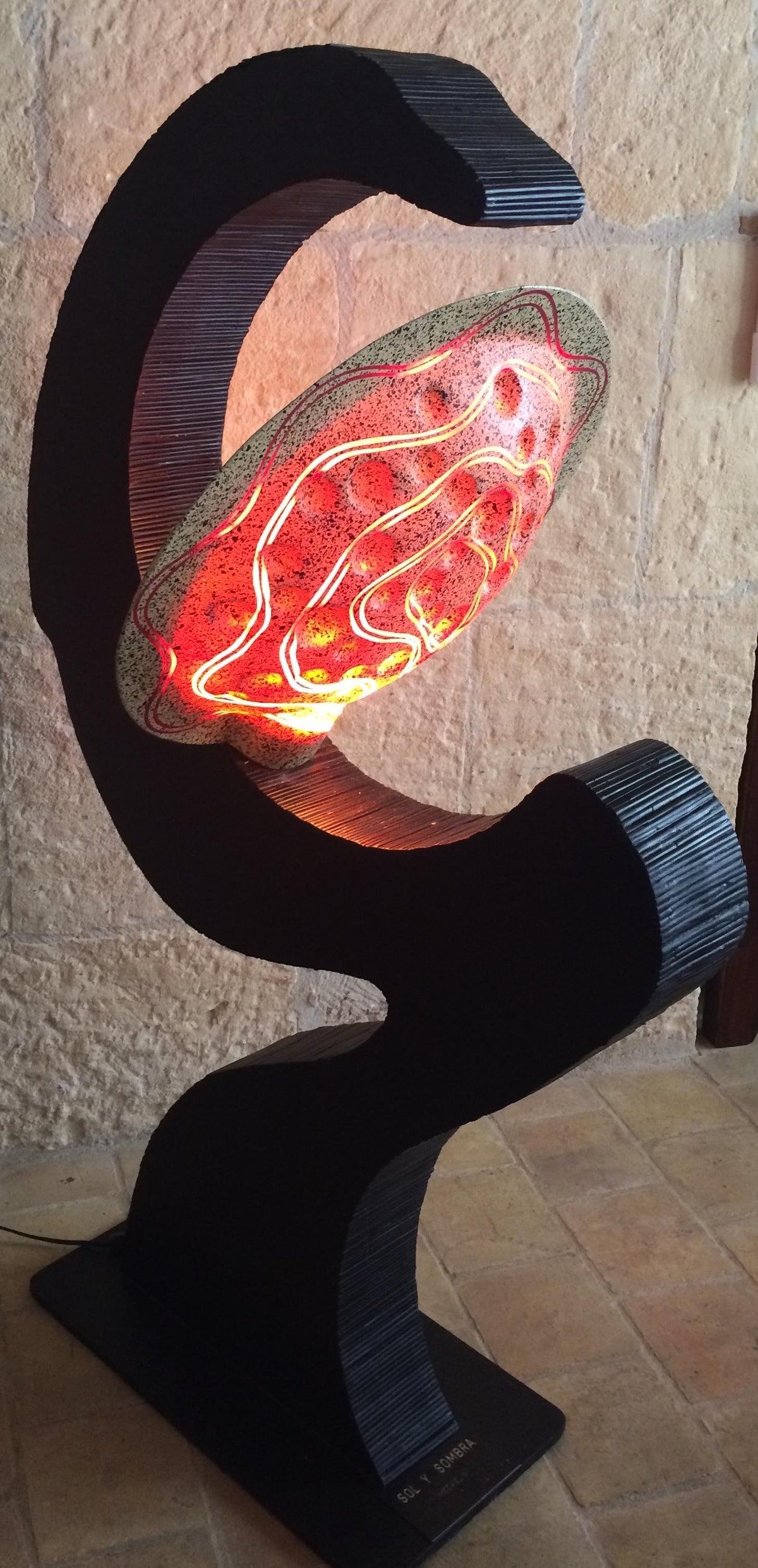 Wooden Sculptural Floor Lamp Ebonized Bamboo and Resin Shade — detail 2