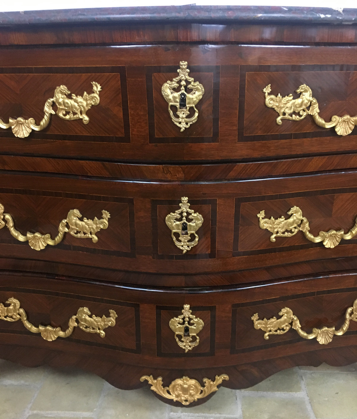 18th Century French Louis XV Style Bombe Commode with Ormolu Bronze Mounts — detail 4