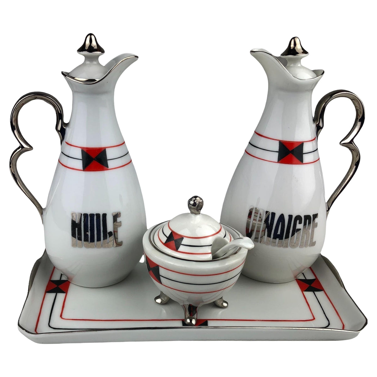 20th Century Oil Vinegar and Mustard Serving Set Mounted Porcelain