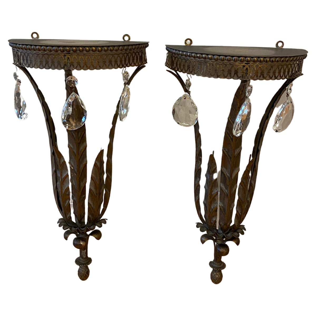 Pair of Italian Metal & Crystal Wall Brackets Shelves