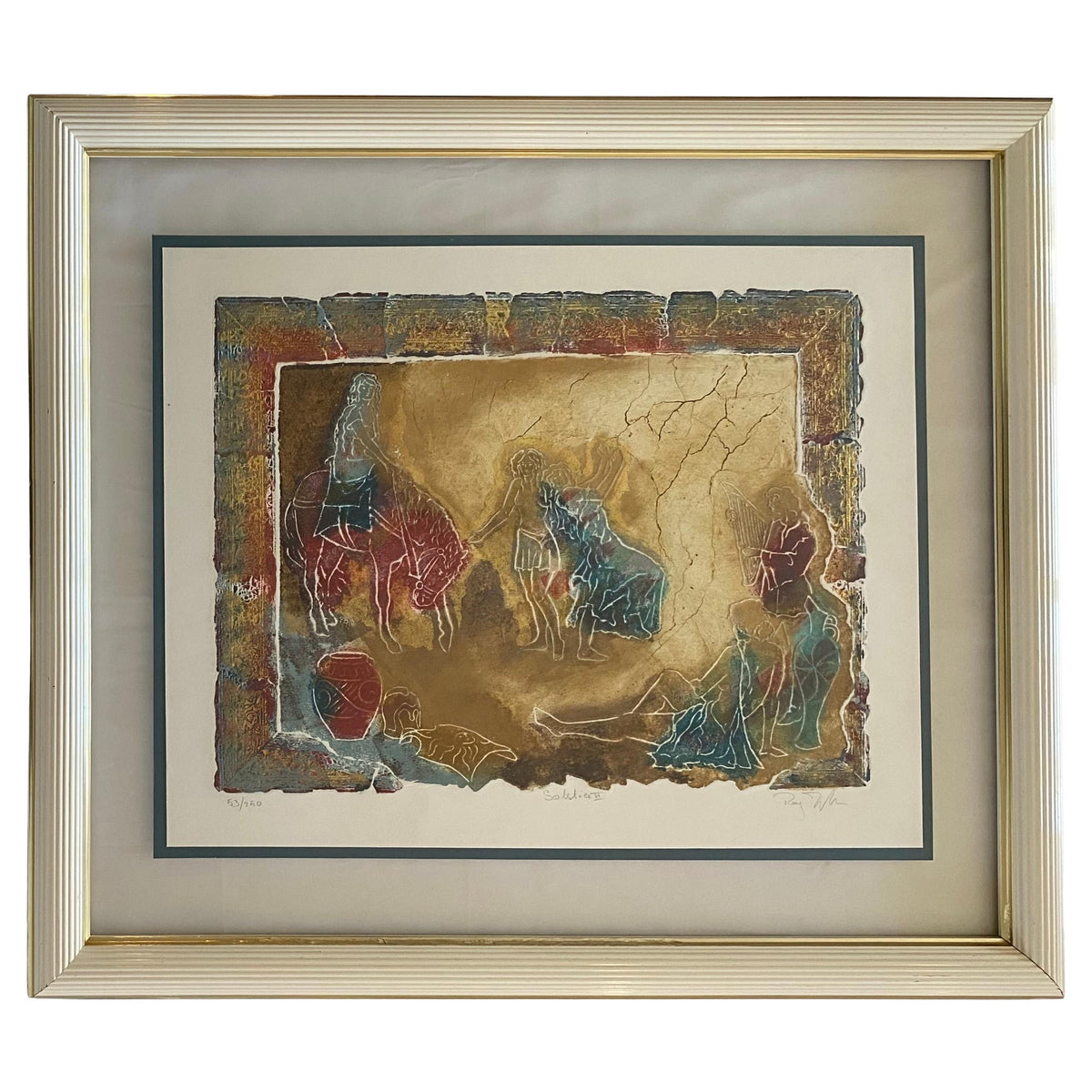 Large Framed Color Lithograph Women Horse Riders and Dancers Signed