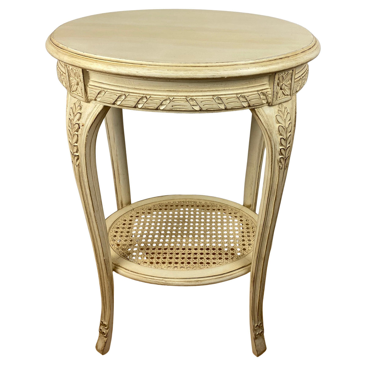 French Louis XVI Style Side Table with Caned Bottom Shelf