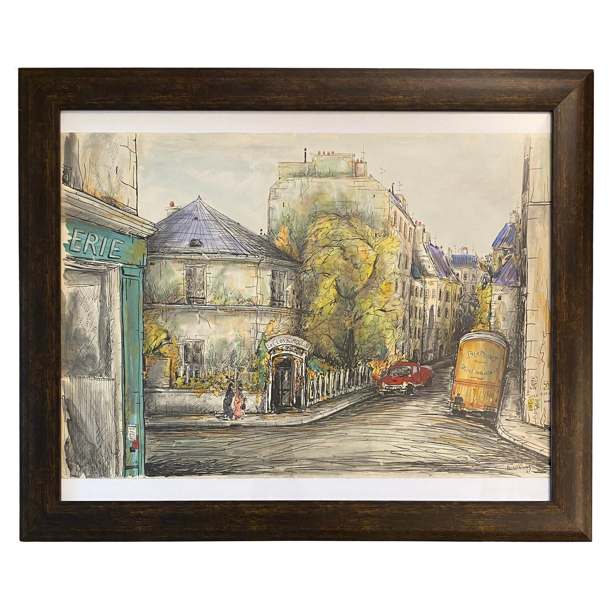 Paris Street Scene Drawing, Le Clos Du Moulin Paris Drawing & Colored Ink