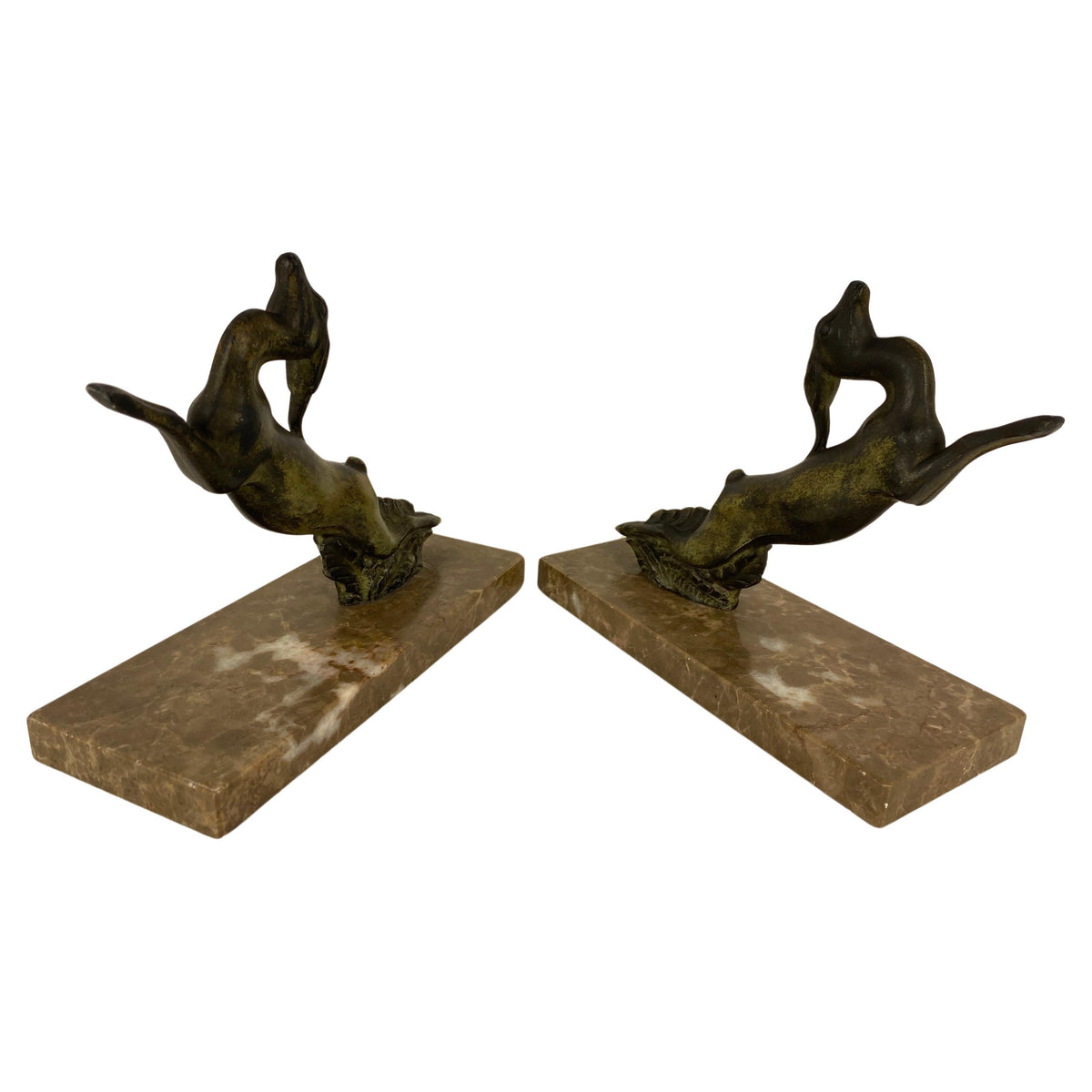 Pair of French Art Deco Bookends on Marble Bases, Leaping Antelopes