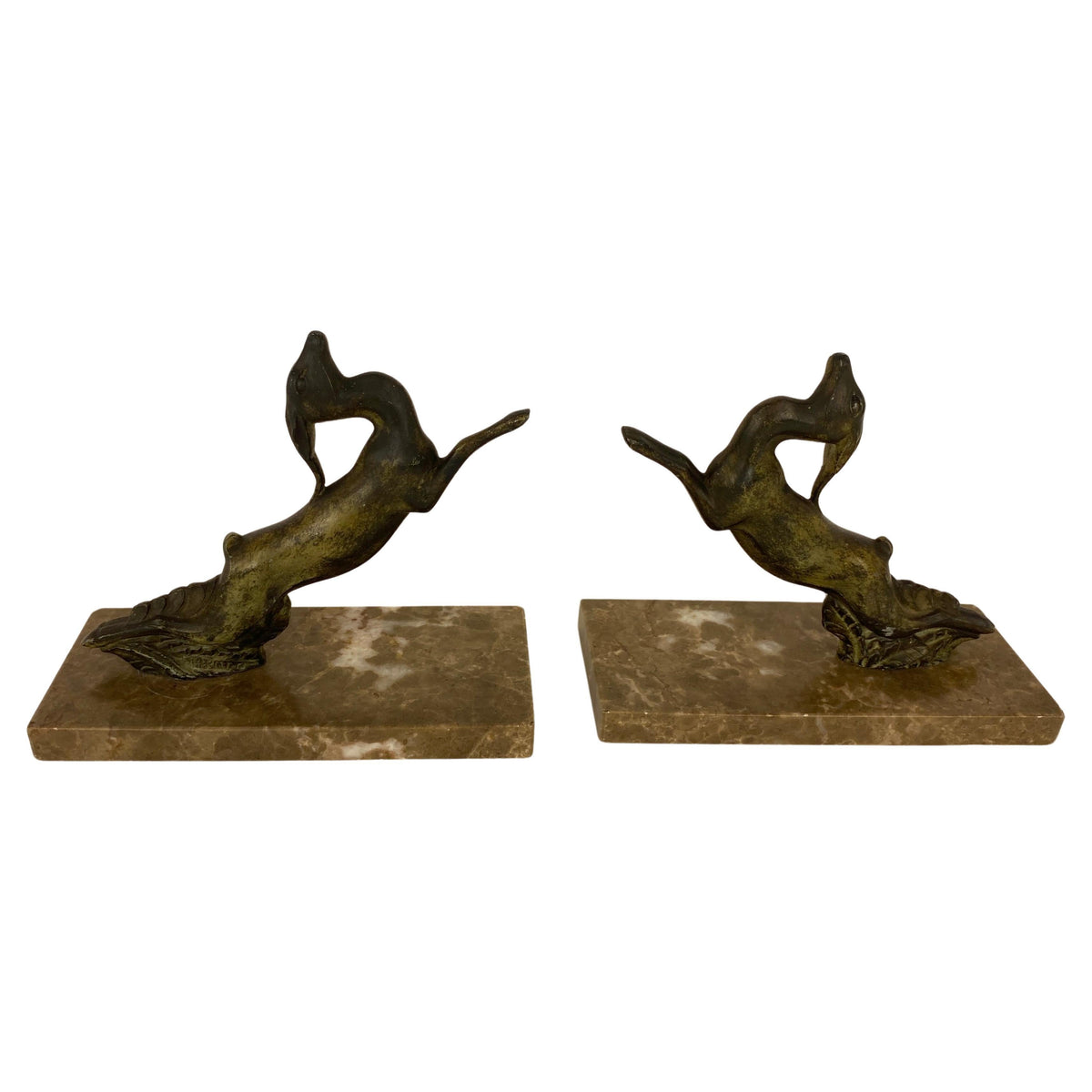 Pair of French Art Deco Bookends on Marble Bases, Leaping Antelopes — detail 2